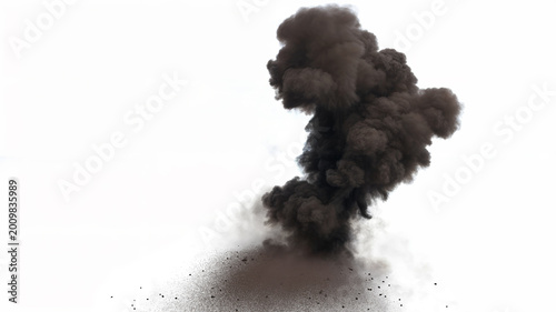 Dense dark cloud of smoke and debris from a missile impact rises upward with particles and dust trail downward from the plume on a white background