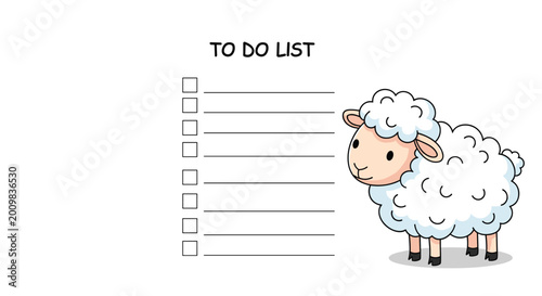 Organized to-do list template featuring a fluffy white cartoon sheep standing on the side of blank checklist lines.