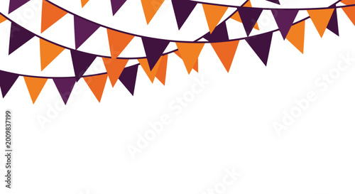 Halloween bunting flags in orange and purple hanging on strings over a white background for festive party decoration design.