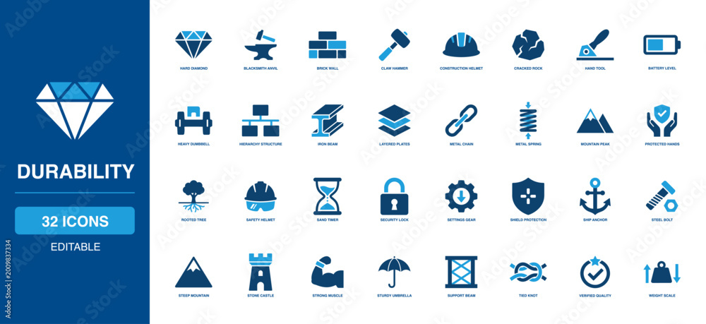 Fototapeta premium Material Durability Solid Icon Set showcasing sharp diamond, heavy anvil, hard brick, sturdy hammer, safe helmet, tough rock, and rigid shield for robust industrial protection equipment concepts.