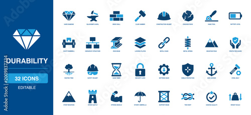 Canvastavla Material Durability Solid Icon Set showcasing sharp diamond, heavy anvil, hard brick, sturdy hammer, safe helmet, tough rock, and rigid shield for robust industrial protection equipment concepts