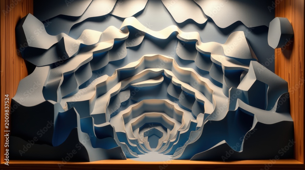 Fototapeta premium Abstract paper layers create tunnel illusion. Dramatic lighting emphasizes depth, texture, form. Minimalist design, dark background.
