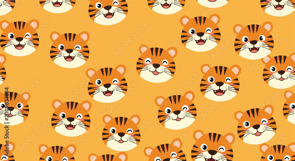 Fototapeta premium Seamless pattern of cute cartoon tiger faces with different expressions on an orange background for kids and wildlife themes.