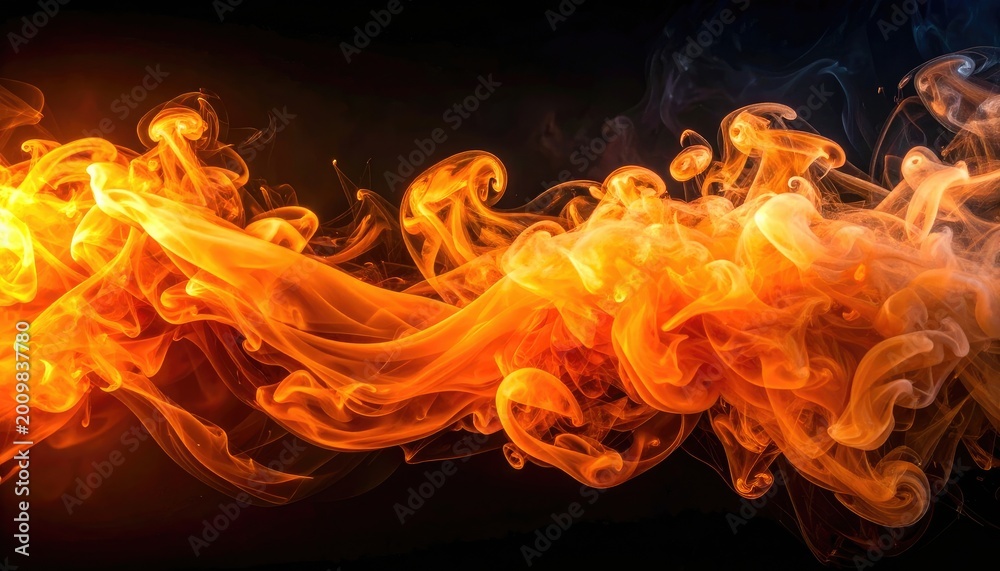 Fototapeta premium Fiery orange and yellow smoke swirls dramatically against a dark background, creating an abstract and captivating visual.