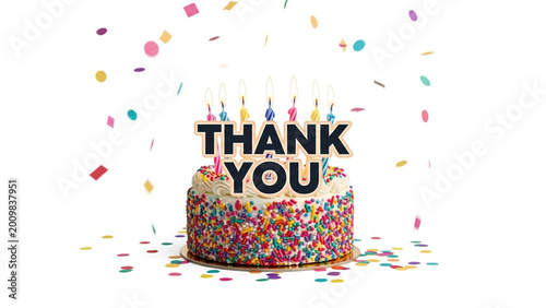 Colorful sprinkles cake, thank you message, birthday celebration, festive dessert