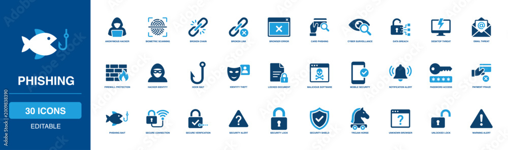 Εκτύπωση καμβά Phishing Security Solid Icon Set highlighting anonymous hacker, biometric scanning, broken chain, malicious link, browser error, card phishing, cyber surveillance, and severe data breach
