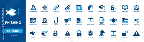 Foto Phishing Security Solid Icon Set highlighting anonymous hacker, biometric scanning, broken chain, malicious link, browser error, card phishing, cyber surveillance, and severe data breach