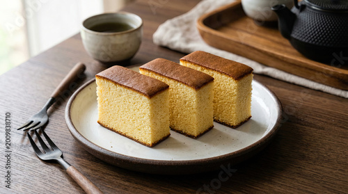 Three square pieces of cake sit on a plate with a fork and cup.
