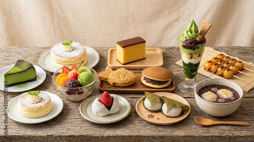 Assorted desserts and snacks arranged on a wooden table