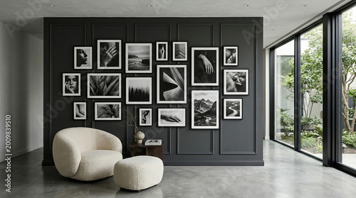 A modern living room with a white chair and ottoman sits in front of a dark gray wall adorned with numerous framed photographs, near a large window with a view of trees.