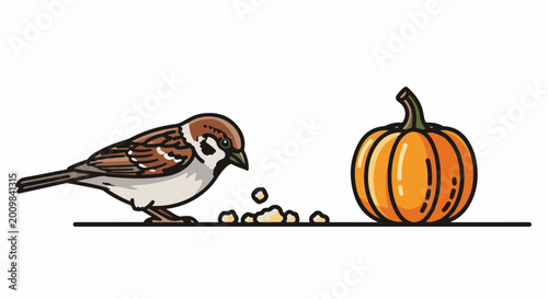 Small bird pecks at crumbs near a bright orange pumpkin