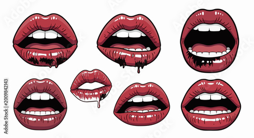 Six pixel art illustrations of glossy red lips, some dripping