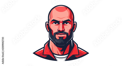 Tableau sur toile Bald Man with Beard, Muscular Build, Red Shirt, Determined Expression, Vector Po