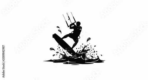 Silhouette of kitesurfer carving through ocean waves with spray