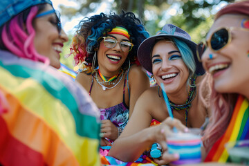 Diverse happy friends celebrating LGBTQ pride parade. Young people in rainbow outfits laughing