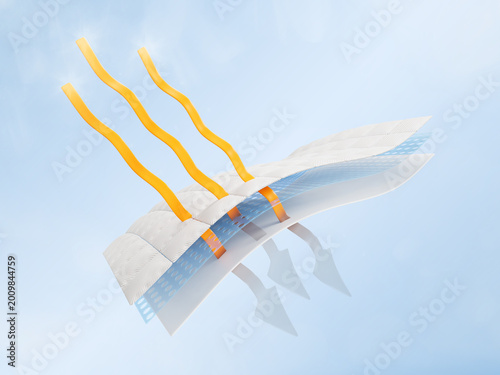 Quadro em tela Sun protective fabric structure with yellow gold arrows on blue 3d background