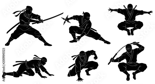 Foto Ninja Warriors Silhouettes - Martial Arts Action Poses with Swords and Shurikens