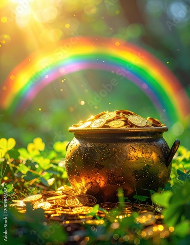 A golden pot overflowing with coins sits at the end of a vibrant rainbow, promising fortune and magic.
