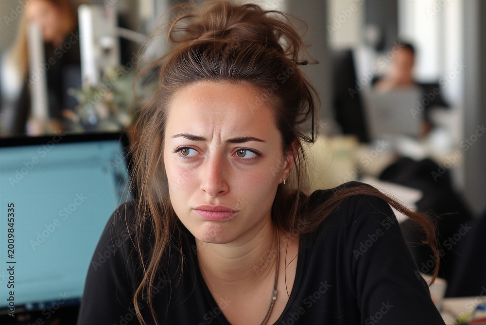 Fototapeta premium Frustrated Woman Showing Negative Emotions at Work in Modern Office
