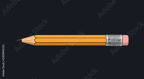 Horizontal illustration of a classic yellow wooden pencil with a pink eraser and a sharpened lead tip against a dark gray background.