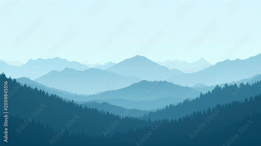 Fototapeta premium Vector illustration Background of majestic blue mountains shrouded in thick fog