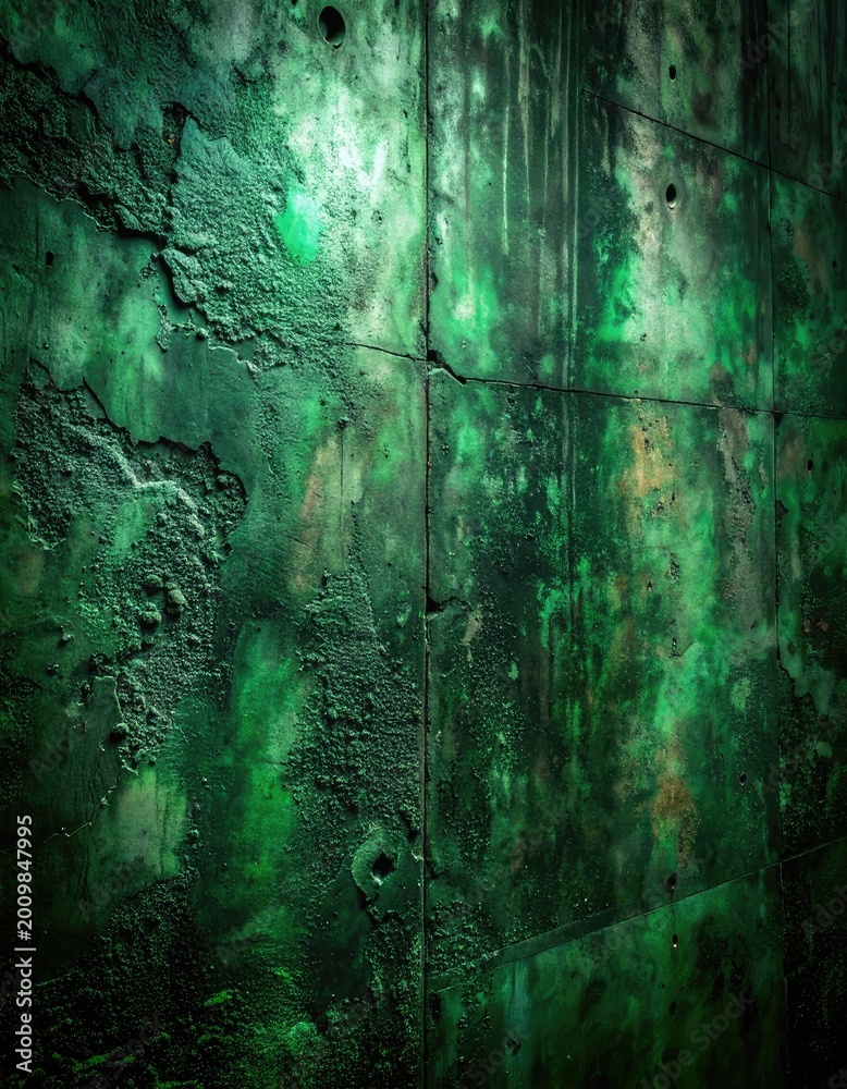 Fototapeta premium A close-up view reveals a textured, aged wall with a striking green and gray color palette, showcasing a weathered and industrial aesthetic.
