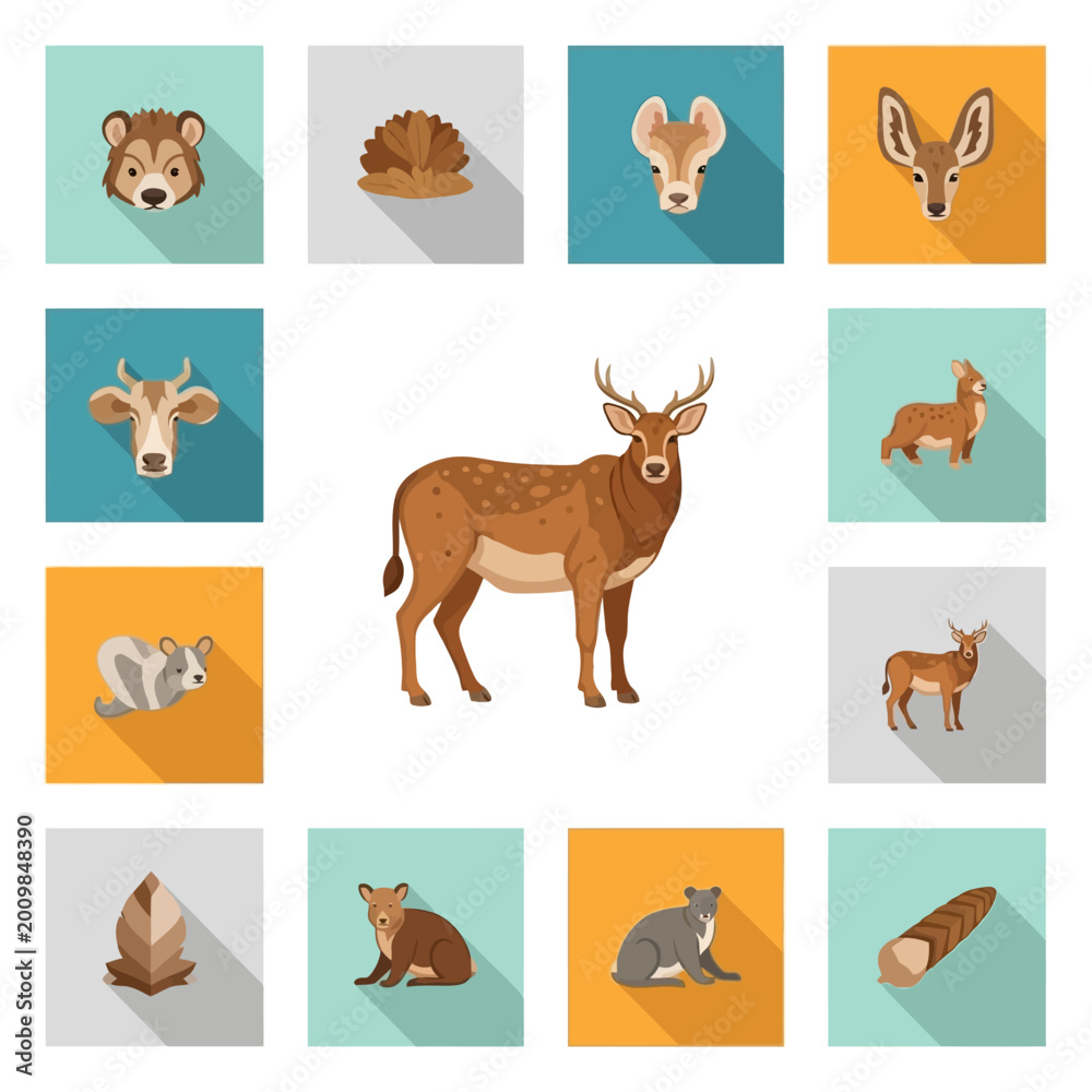 Obraz premium Diverse Wildlife Collection: Animals and Nature Elements Flat Icons