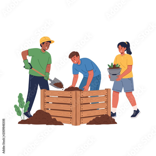 Diverse people composting organic waste in a wooden bin, gardening, sustainability