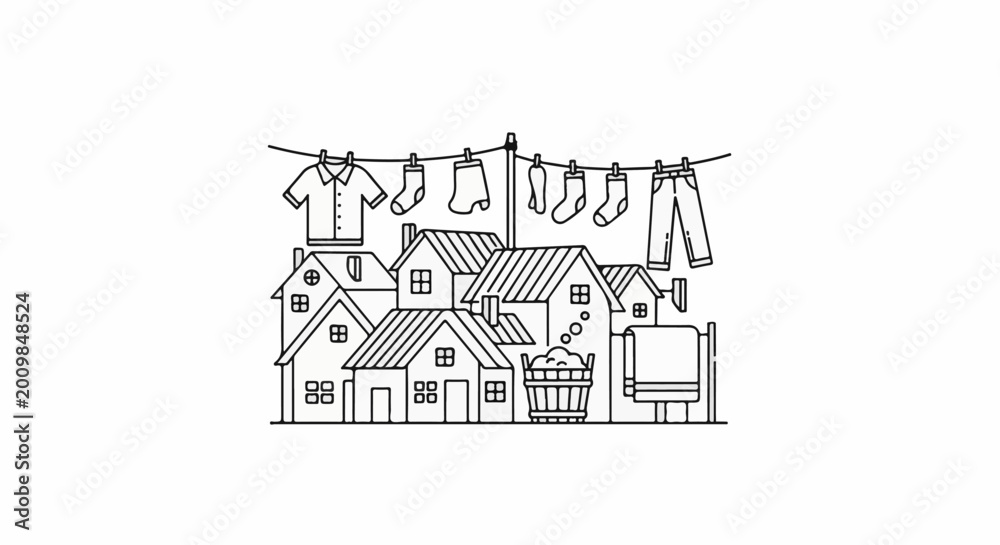 Fototapeta premium Simple line drawing of houses with laundry hanging on a line above