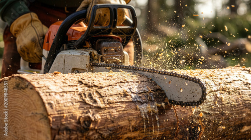 Close up of a chainsaw blade cutting a wood log with flying sawdust and gloved hands.