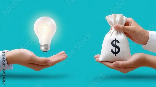 Hands holding idea light bulb and money bag symbols, showing innovation value profit financial and earning