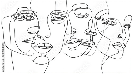 Continues line art drawing showing multiple human faces, connecting identity, diversity, community and concept