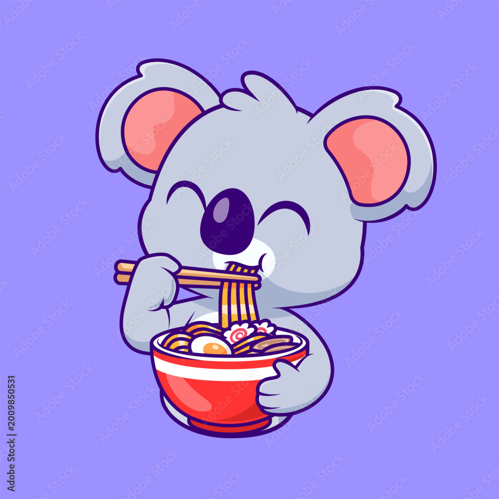 Fototapeta premium Cute Koala Eating Ramen Noodle Cartoon 