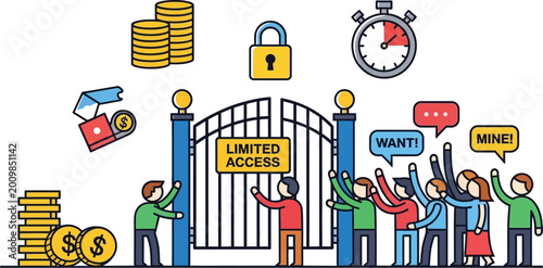 Limited Access Gate with Crowd, Coins, Lock, and Stopwatch - Business Concept