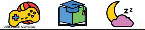 Game, Education, and Sleep Icons: Entertainment, Learning, Rest