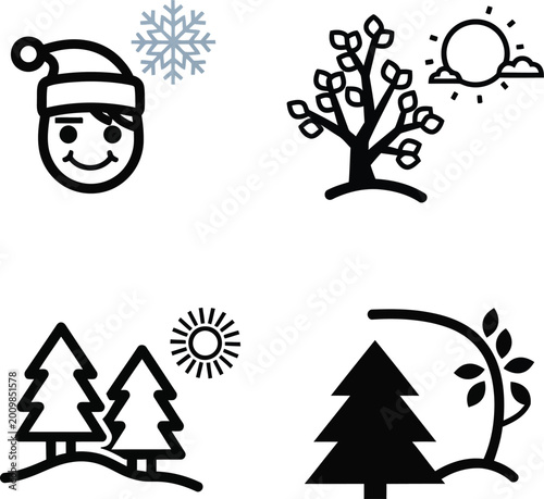 Four Seasons Icons: Winter, Spring, Summer, Autumn - Stylized Graphics