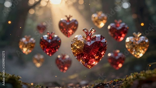 Cinematic Floating Crystal Hearts in Enchanted Forest