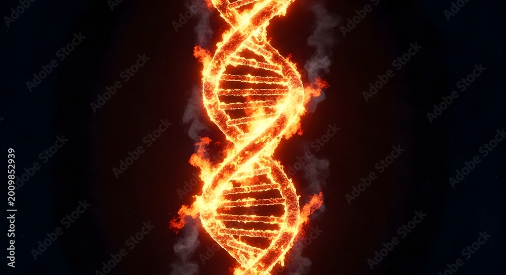 Obraz premium Fiery dna helix a vibrant representation of genetic code and biological complexity
