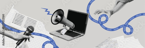 News and media concept with microphone laptop and megaphone