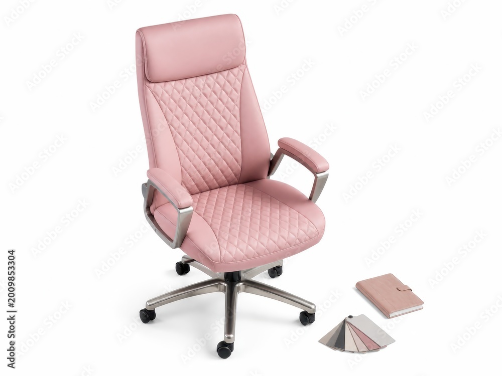 Naklejka premium Pink luxury office armchair on a brushed nickel metal five star base with caster wheels featuring a high back silhouette and quilted upholstery arranged in a clean flat lay inspired product