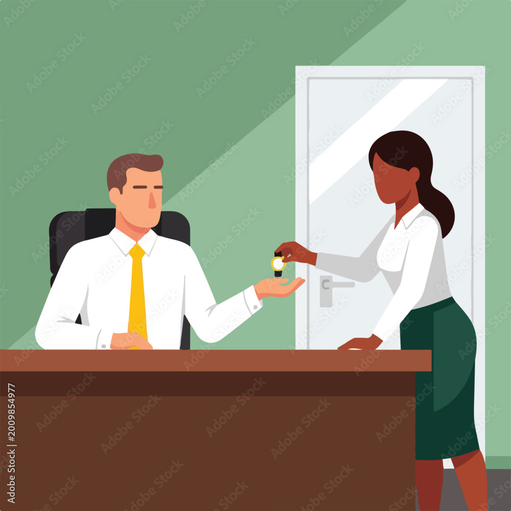 Fototapeta premium A professional woman hands a small key to a male manager sitting at his desk