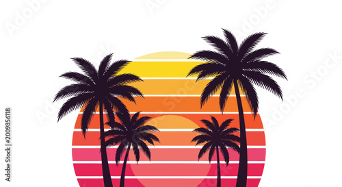 Tropical Sunset Silhouette with Palm Trees and Vibrant Retro Stripes