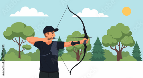 Foto Vector illustration of a man practicing archery in a forest with a bow and arrow