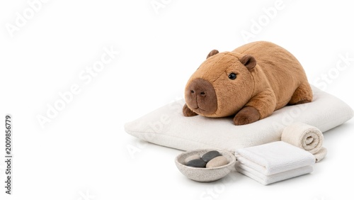 Plush capybara toy resting on a cozy white cushion with a tiny folded towel a rolled spa cloth and a small ceramic bowl with smooth stones isolated on white background soft studio lighting