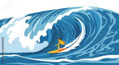 A digital illustration of a male surfer riding inside a large curling blue wave