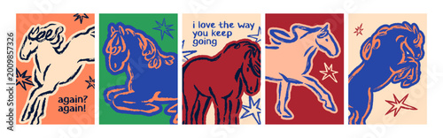 Horse sketches, posters set. Equine animal cards with motivational inspiratio...