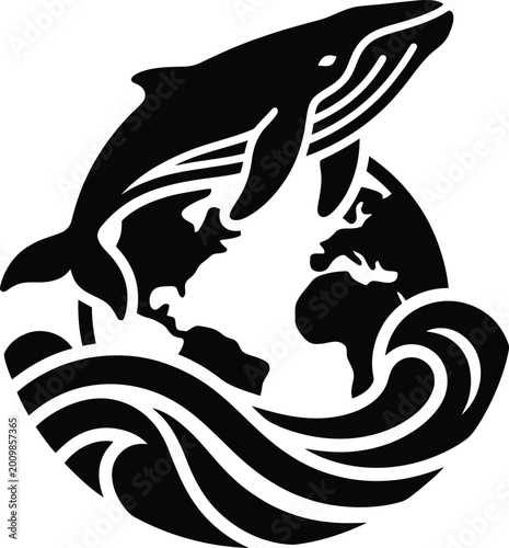 Black silhouette emblem of whale breaching over globe with ocean waves.