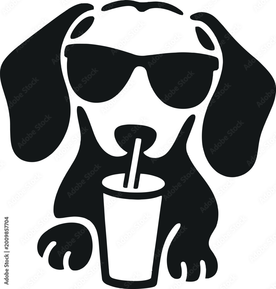 Obraz premium Black dog with sunglasses holds cup and straw enjoying beverage cute pet character vector art summer vibe.