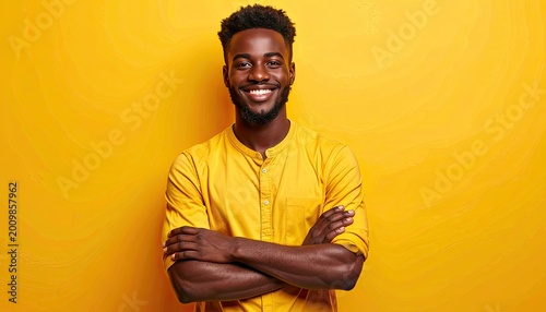 A smiling young Black man poses confidently against a vibrant yellow background.
