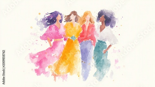 Diverse women standing together, representing unity, friendship, and collaboration in watercolor vibrant a illustration